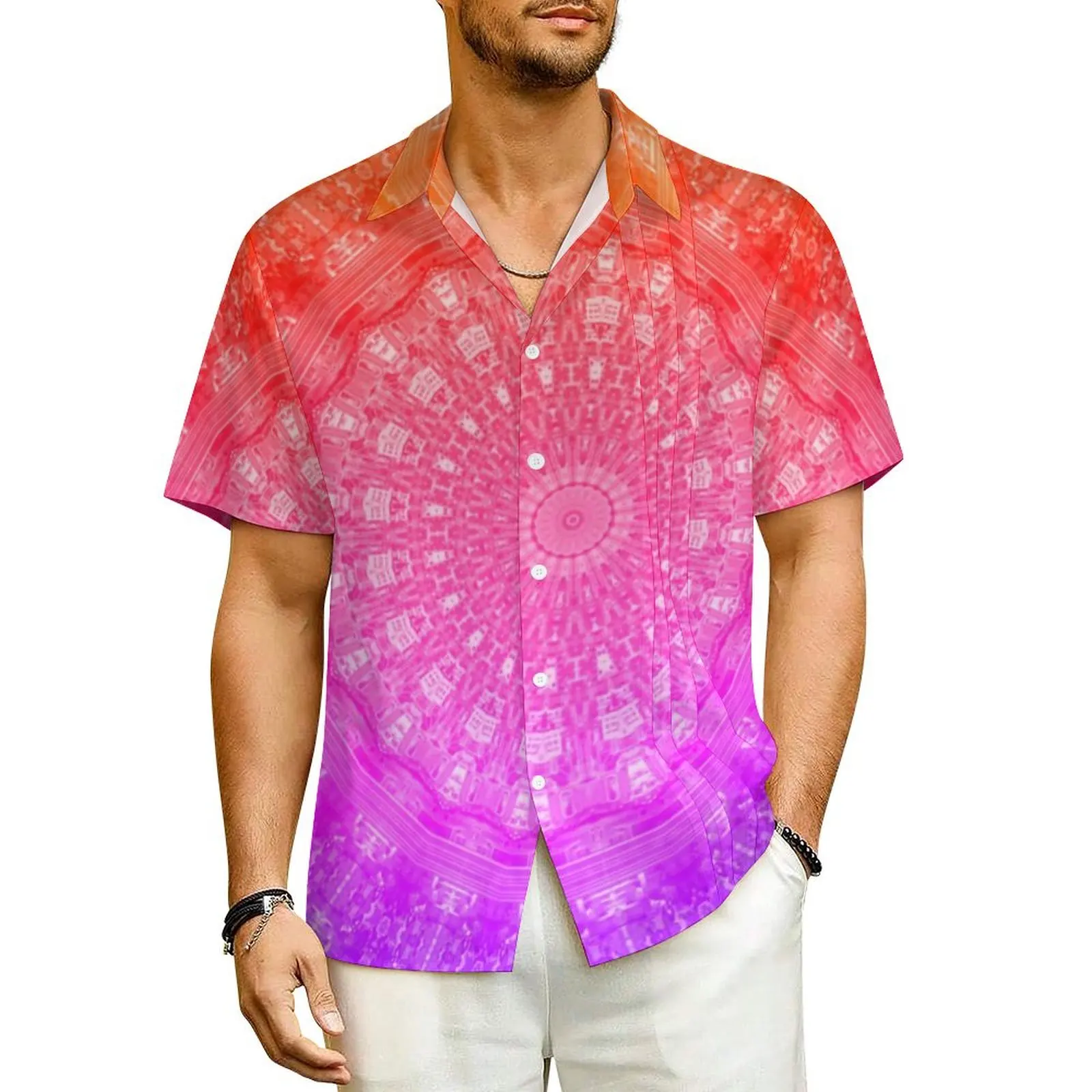 Camisa do Havaí Mandala arco-íris masculina, estampa flores ombre, camisas casuais, manga curta, design elegante, blusas grandes e legais, férias