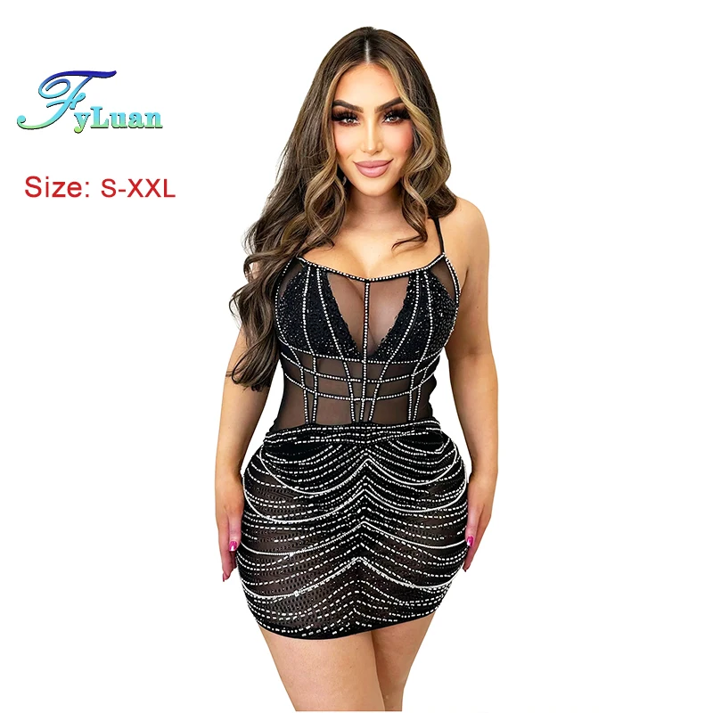 Durchsichtiger, ausgeschnittener Taillen-Frauen-Hosenträger-Kurzrock, eng anliegend, sexy Pailletten-Hosenträger, mittellanger Rock, Abend- und Geburtstagsrobe