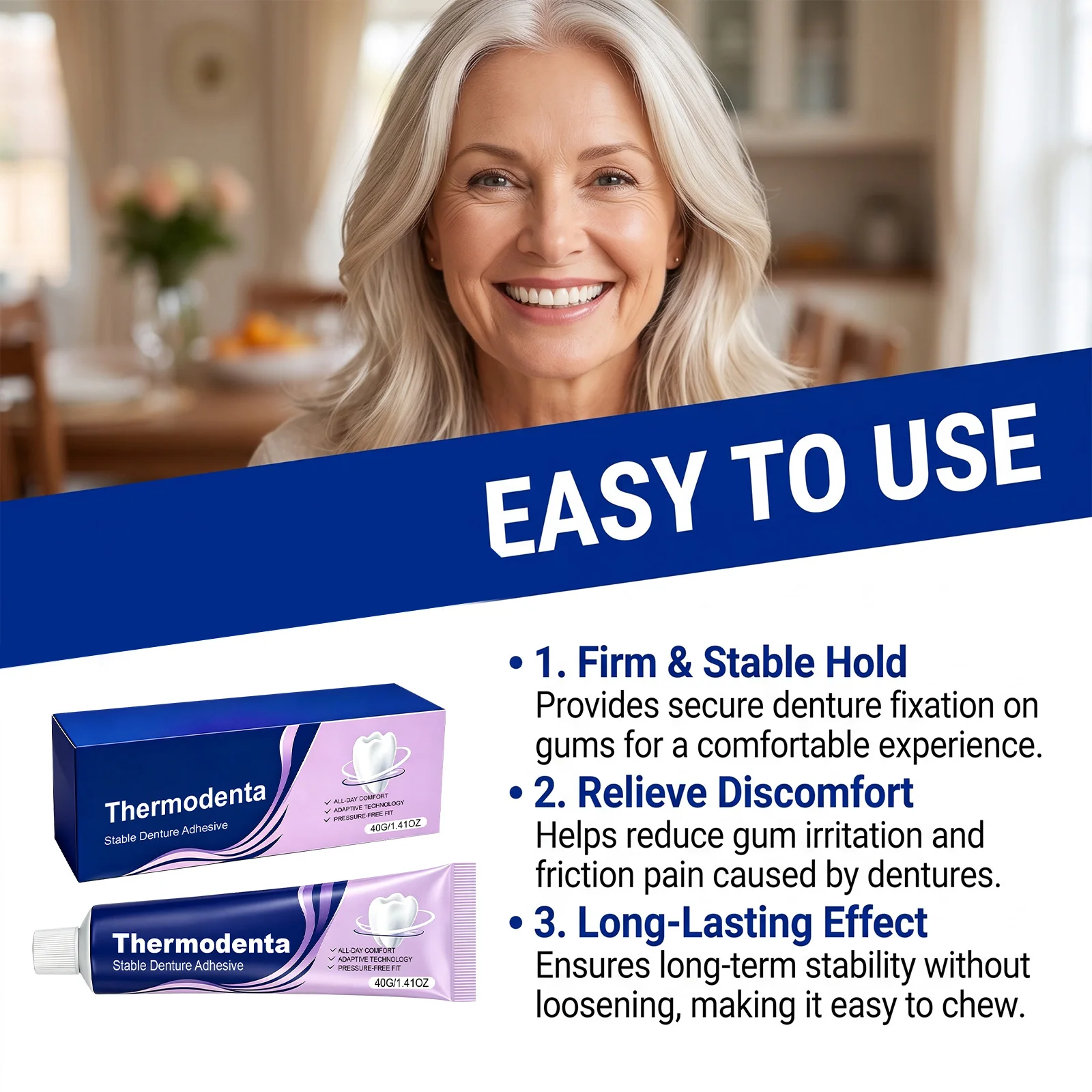 Professional Denture Adhesive Reduce Gum Pain Enhance Comfort Fixed Dentures Strong Bind Denture Care Adhesive Cushion 40g