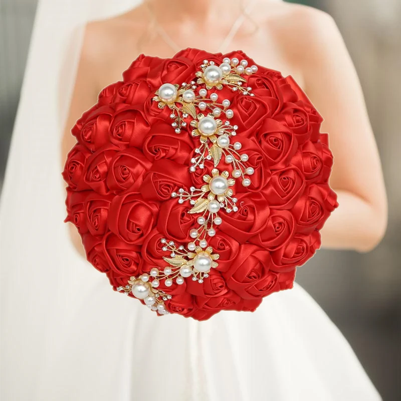 Red Wedding Bouquet Rhinestone Bride and Bridesmaid Hand Flowers Handmade Bridal Bouquet Wedding Party Decoration