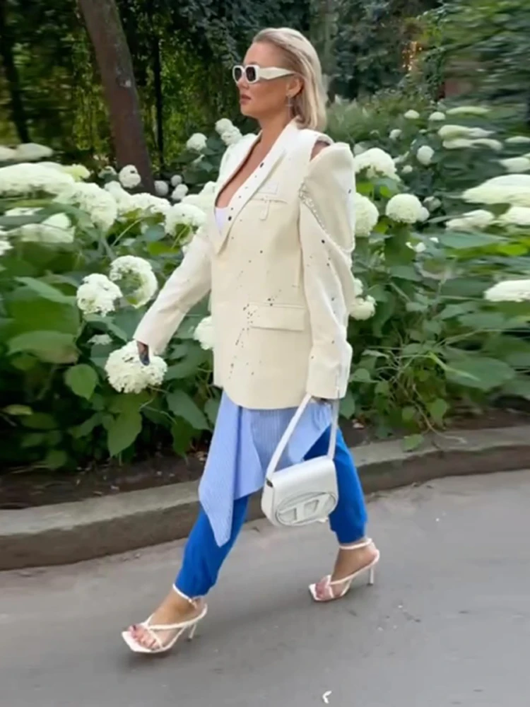 طباعة الباردة الكتف طويلة الأكمام دعوى سترة المرأة موضة بدوره إلى أسفل طوق واحدة الصدر جيوب بليزرات قاطرة ملابس خارجية