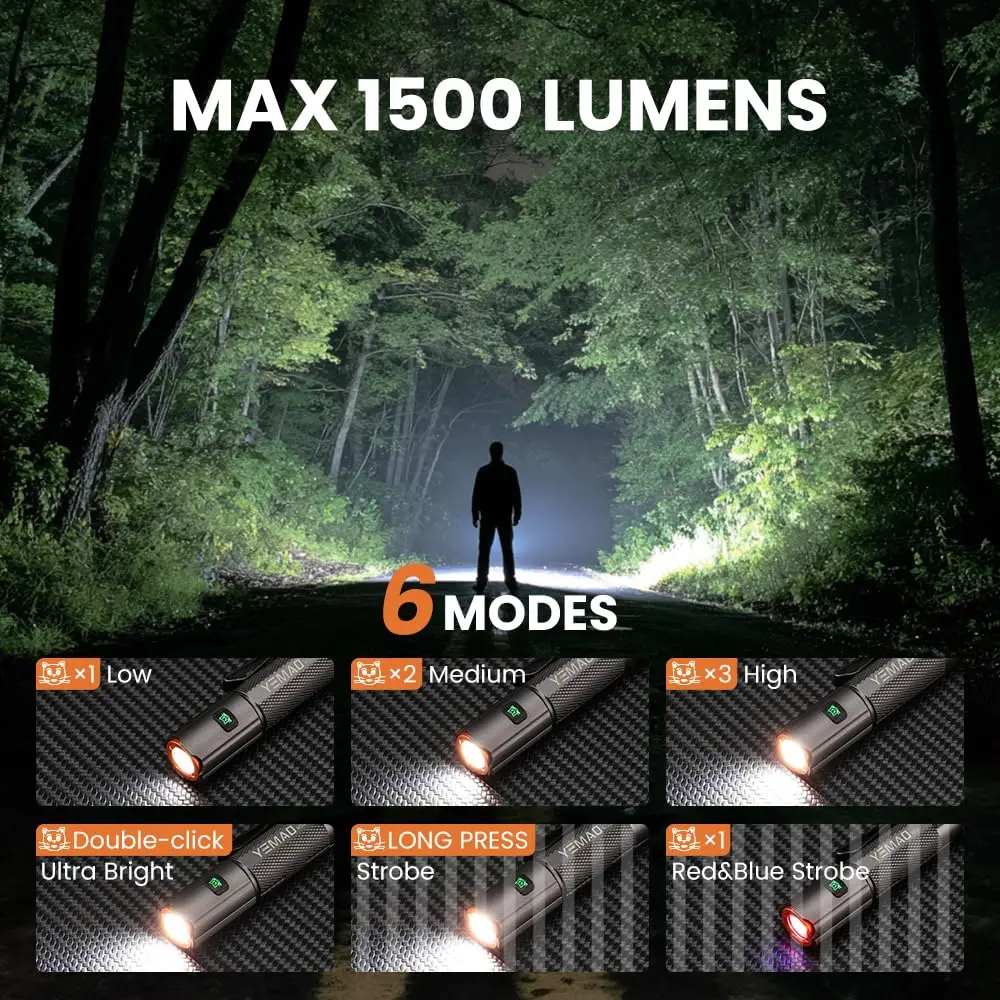 YEMAO F40CU Mini Flashlight 16340 Powerful EDC Torch with 4* LEDs and Red Flash Aux LED 1200lm IP66 Copper Metal Pen Flashlight