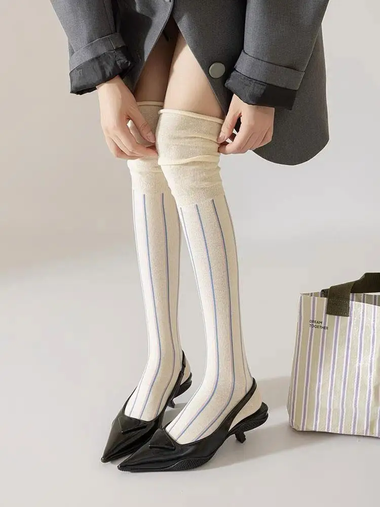 

Knee Length Stockings Tall Thigh High Socks Over Knee Stockings Vertical Stripes Loose Mouth Autumn/Winter Lazy Style Socks