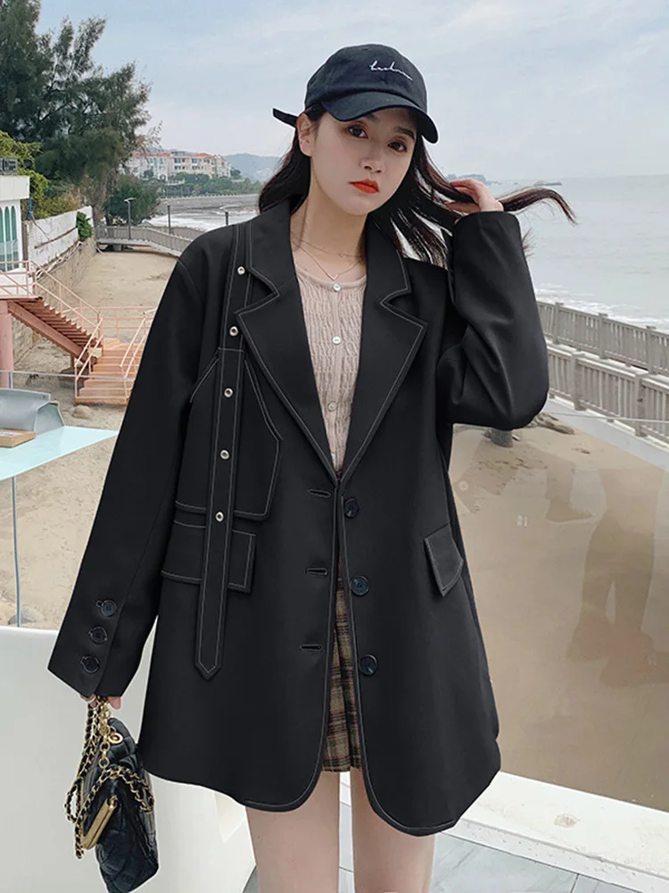 LANMREM Women Solid Color Blazer Coats Belt Decoration Notched Long Sleeve Loose 2024 Spring Female New Clothing 2I172