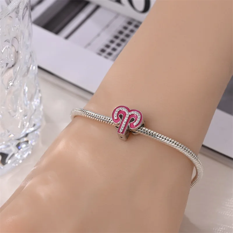 New 925 Sterling Silver 12 Zodiac Shining Princess Pink Lucky Charms Beads Fit Pandora 925 Original Bracelets DIY Gift Jewelry