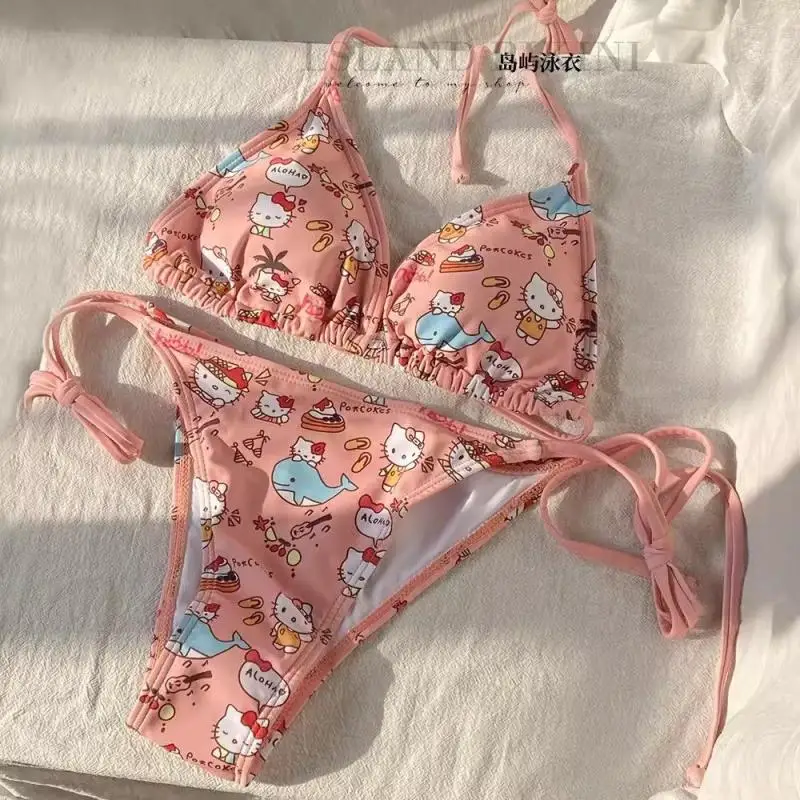 Hot Sanrio Sexy with Chest Cushion Bikini Kawaii Hello Kitty Lovely Ventilation Hot Spring Beach Lace Up Swimsuit Underwear Set