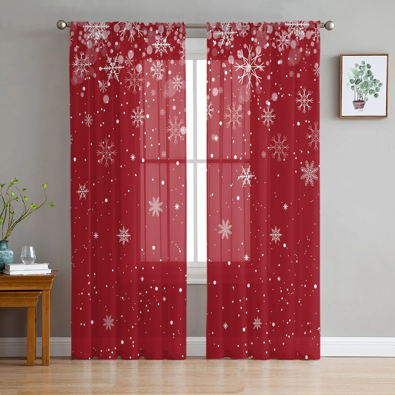 Christmas Winter Snowflake Red Sheer Curtains for Bedroom Living Room Decoration Window Curtain Kitchen Tulle Voile Drapes