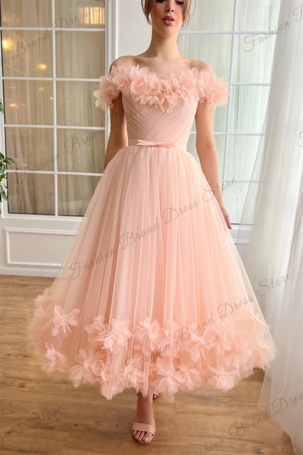 Tulle Off-the-shoulder Strapless 3D Flower Cocktail Dresses Pleated Corset Graduation Gowns A-Line Tea-length Homecoming Gowns