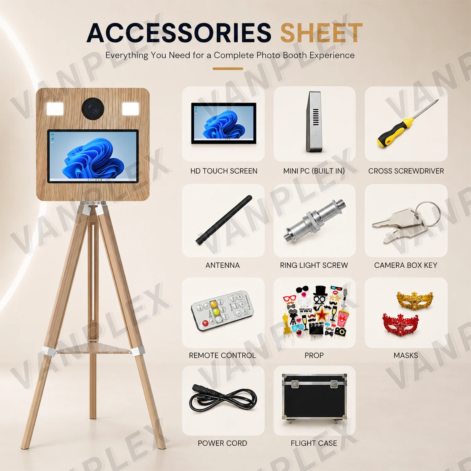 Portable  Photo Booth Stand Kiosk Built-in PC LED Lighting Adjustable Tripod for Rental Wedding Events 2-Year