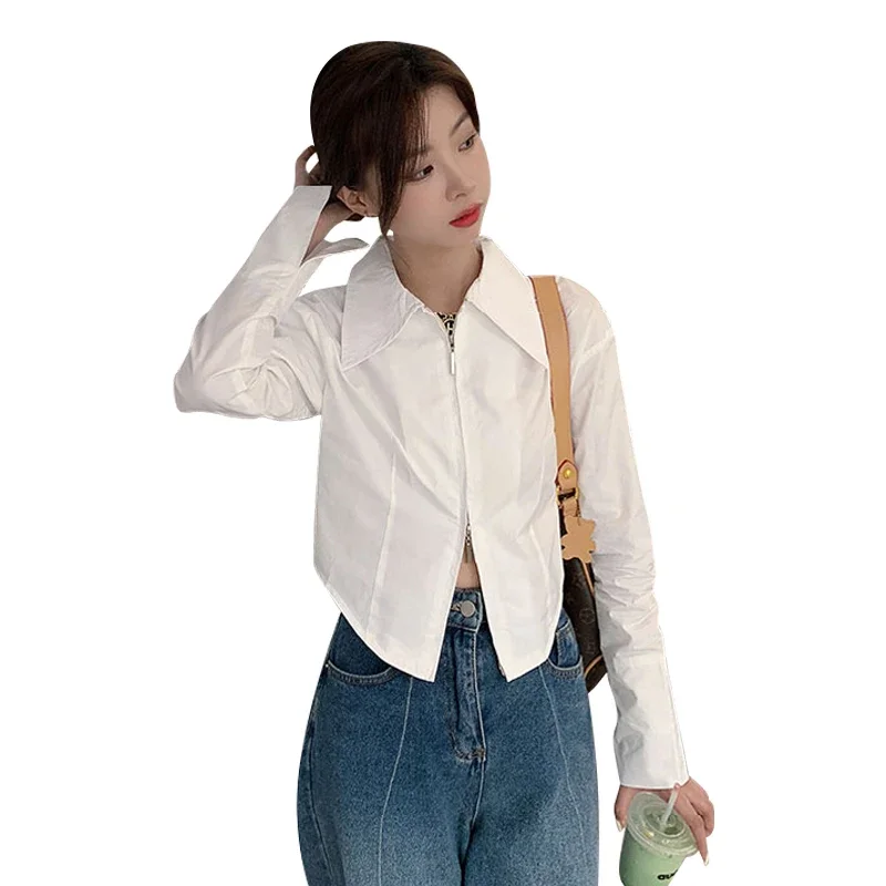 Camicetta bianca Donna Camisas De Mujer Couverture Colletto Manica lunga Cerniera Camicie Top corto Moda Casual Coreano Y2k Camicette