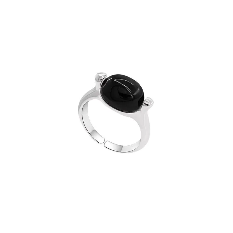 

New Sterling Silver Ring for Women's Oval Black Agate Chalcedony Adjustable Popular Fashion Jewelry Festival Gift