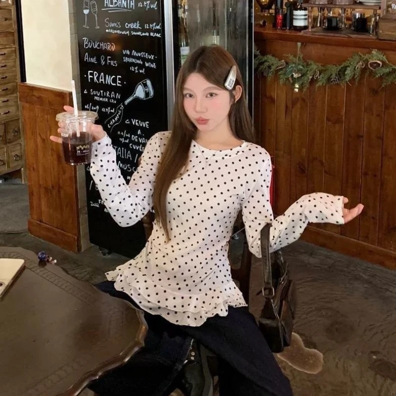 

Japanese Harajuku style Y2K spicy girl ruffled polka dot long sleeved T-shirt autumn sweet and spicy niche slim fit tops emo