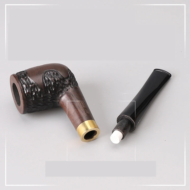 MUXIANG Handmade Carved Ebony Wood Tobacco Pipe 9mm Filter Straight Stem With Metal Ring Decor Handheld Smoking Pipe Men’s Gift