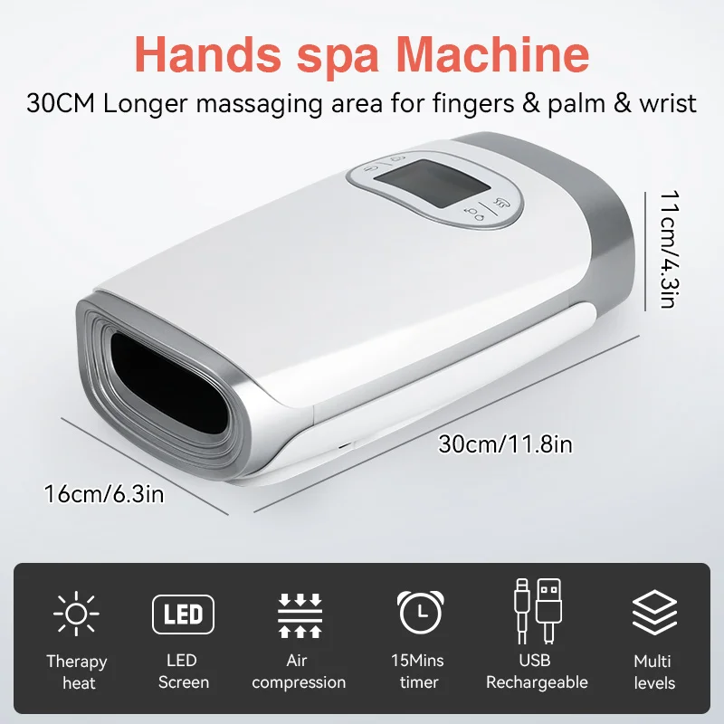 Lengthen Electric Hand & Wrist Massager with LCD Screen Pain Relief Air Compression Palm Fingers Carpal Massage with Therapy