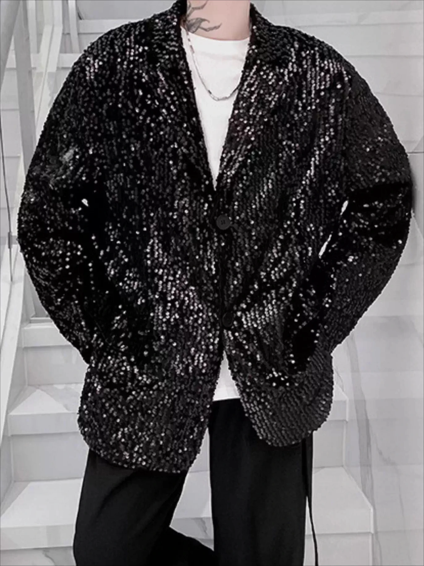 

Red Sequin Suit Set for Men Street Style Personality Trendy Shiny Loose Casual Blazer Straight Pants Two-Piece Set Mens Clothes