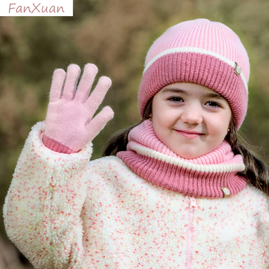 3Pcs Children Winter Hat Scarf Gloves Set Striped Knitted Beanies Thick Fleece-lined Outdoor Boys Girls Winter Accessories 2-8Y