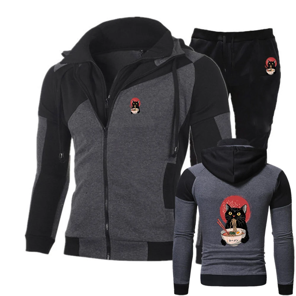 

2025 Noodle Ramen Cat Printing Men's Spring And Autumn New Diagonal Zipper Sets Casual Hoodie + Pants Sports Suit