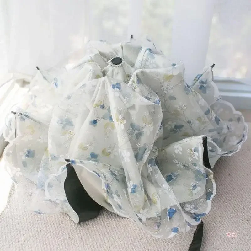 1PC UPF50+ Anti-UV Double Layer Lace Floral Embroidery Mini Folding Parasol Wedding Photo Gift For Women Summer Outdoor
