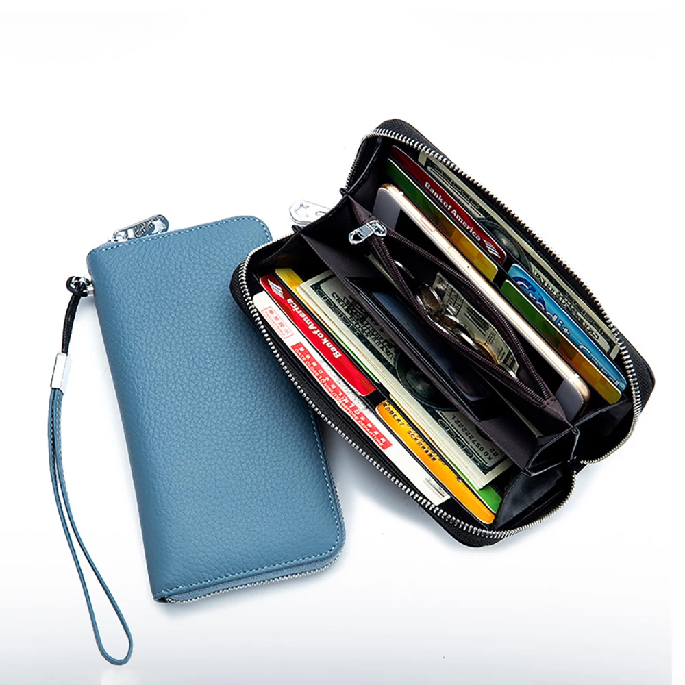 Womens Wallet RFID Blocking Genuine Leather Luxury Design Zip Around Wallet Clutch Wristlet Travel Long Purse Handbags