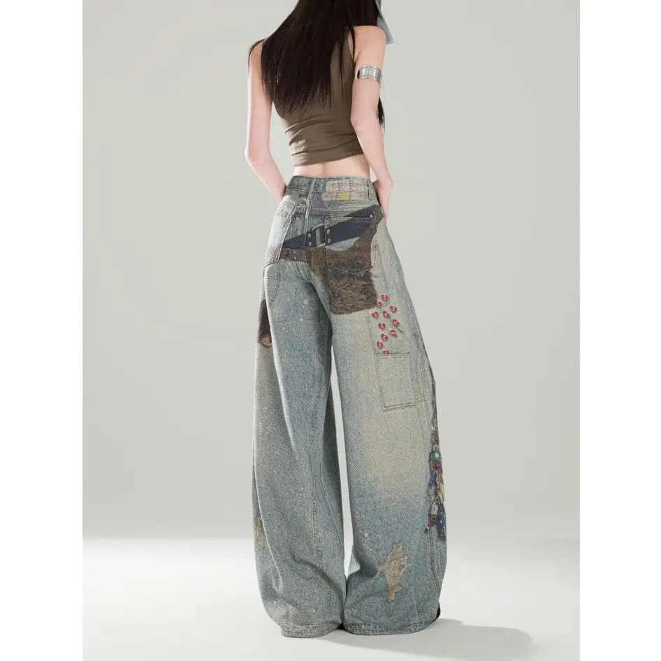 

Women's Vintage High Waist Printed Wide Leg Jeans Loose Straight Slim Draped Floor Length Denim Pants