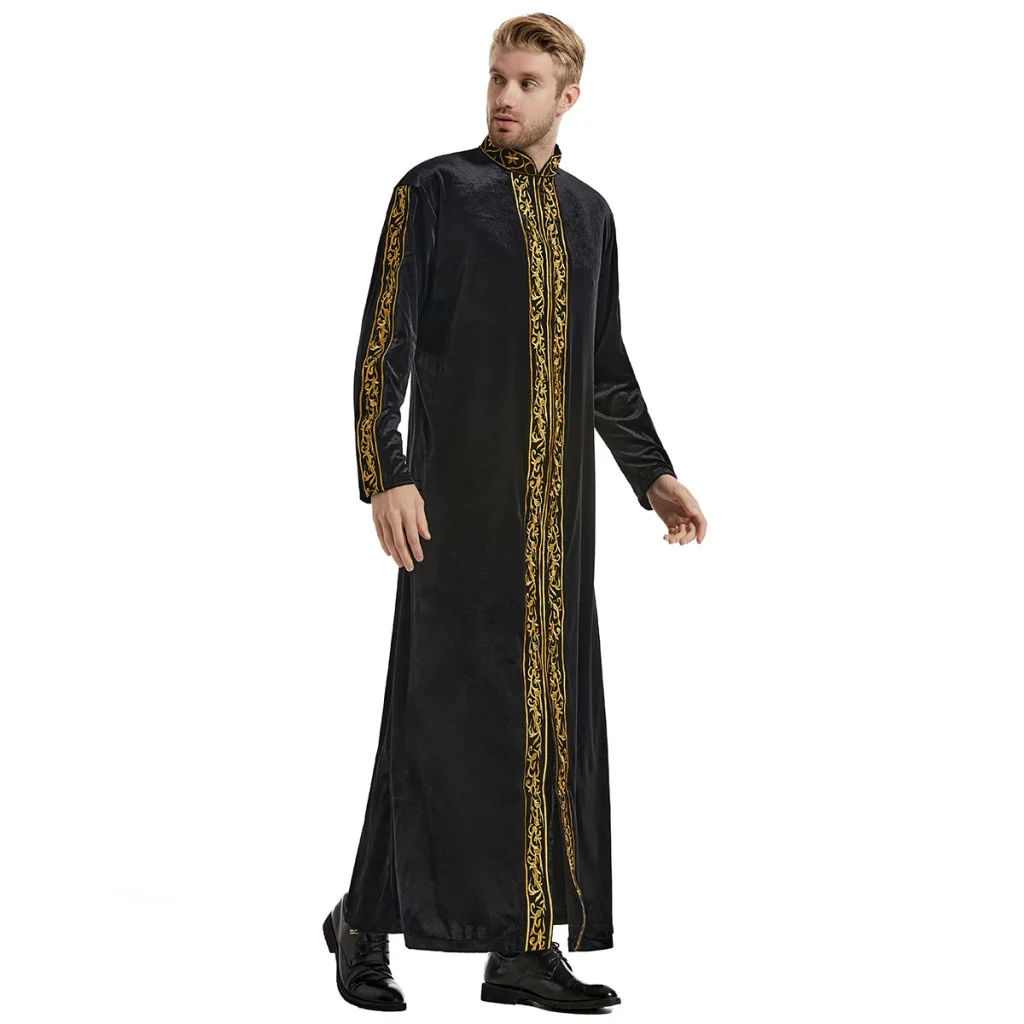 Men's Muslim Stand Collar Embroidery Ramadan Thobe with Long Sleeves Islamic Robe Kaftan Thawb  Dubai Ankle Length Abaya