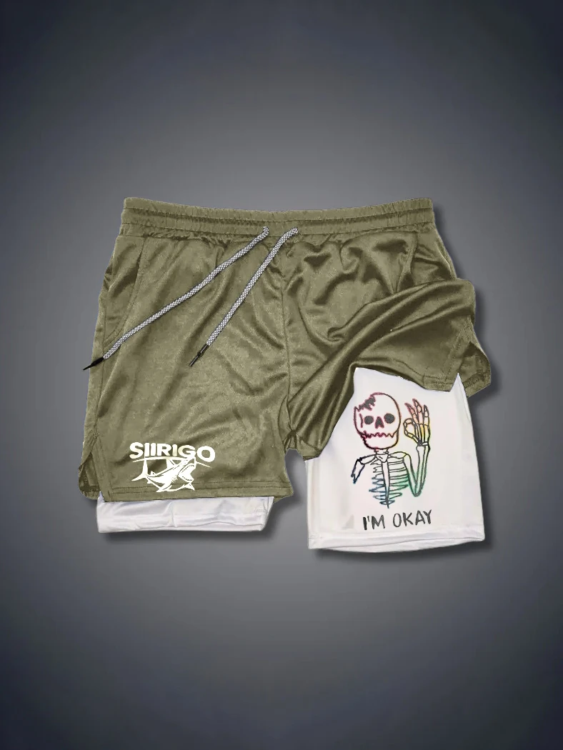 2024 European and American Style Skull Printed Double Layered Shorts, Sports Casual Quick Drying Sports Shorts Beach Shorts