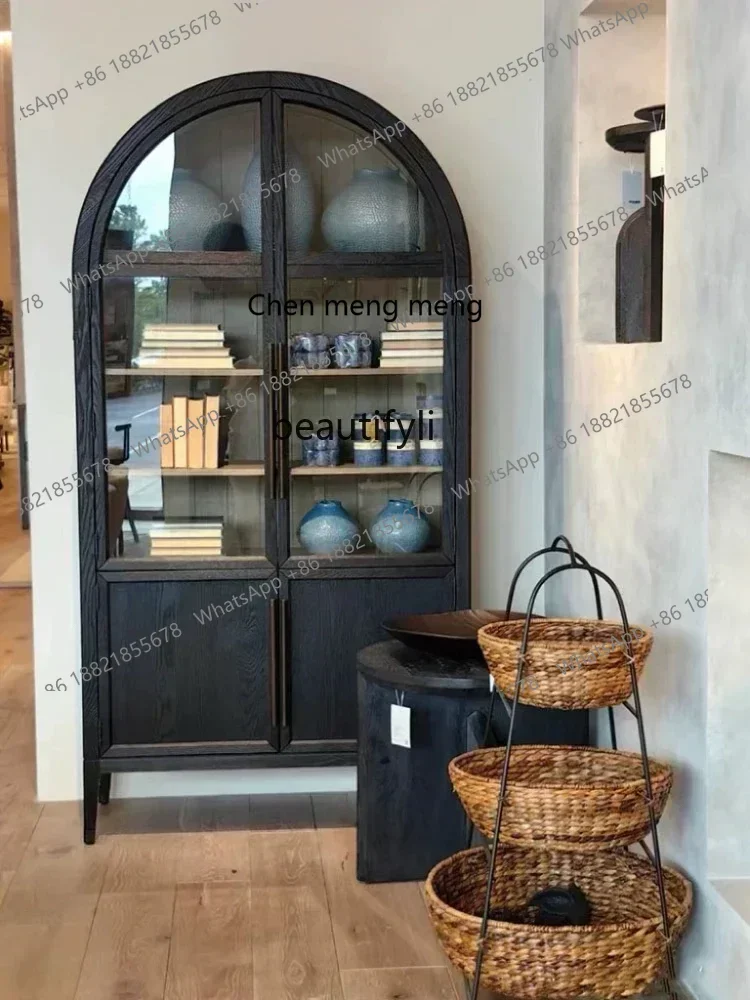 

M182 qyAmerican Light Luxury Solid Wood Bookcase Full Solid Wood Retro Wine Cabinet with Glass Cabinet Door Arch Decoration