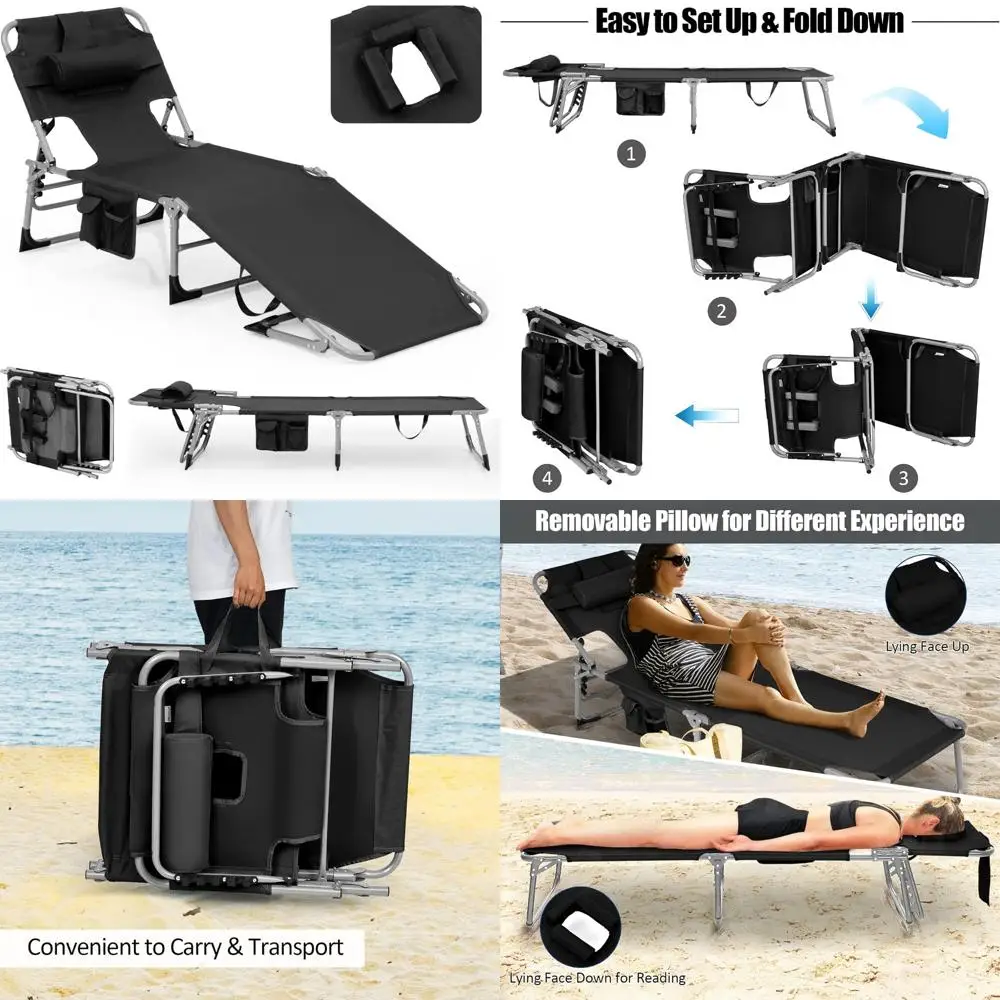 كرسي استرخاء خارجي مع فتحة ذراع للوجه، وسادة قابلة للفصل، مسند ظهر قابل للتعديل، جيب جانبي، مقبض حمل، مثالي لـ Bea