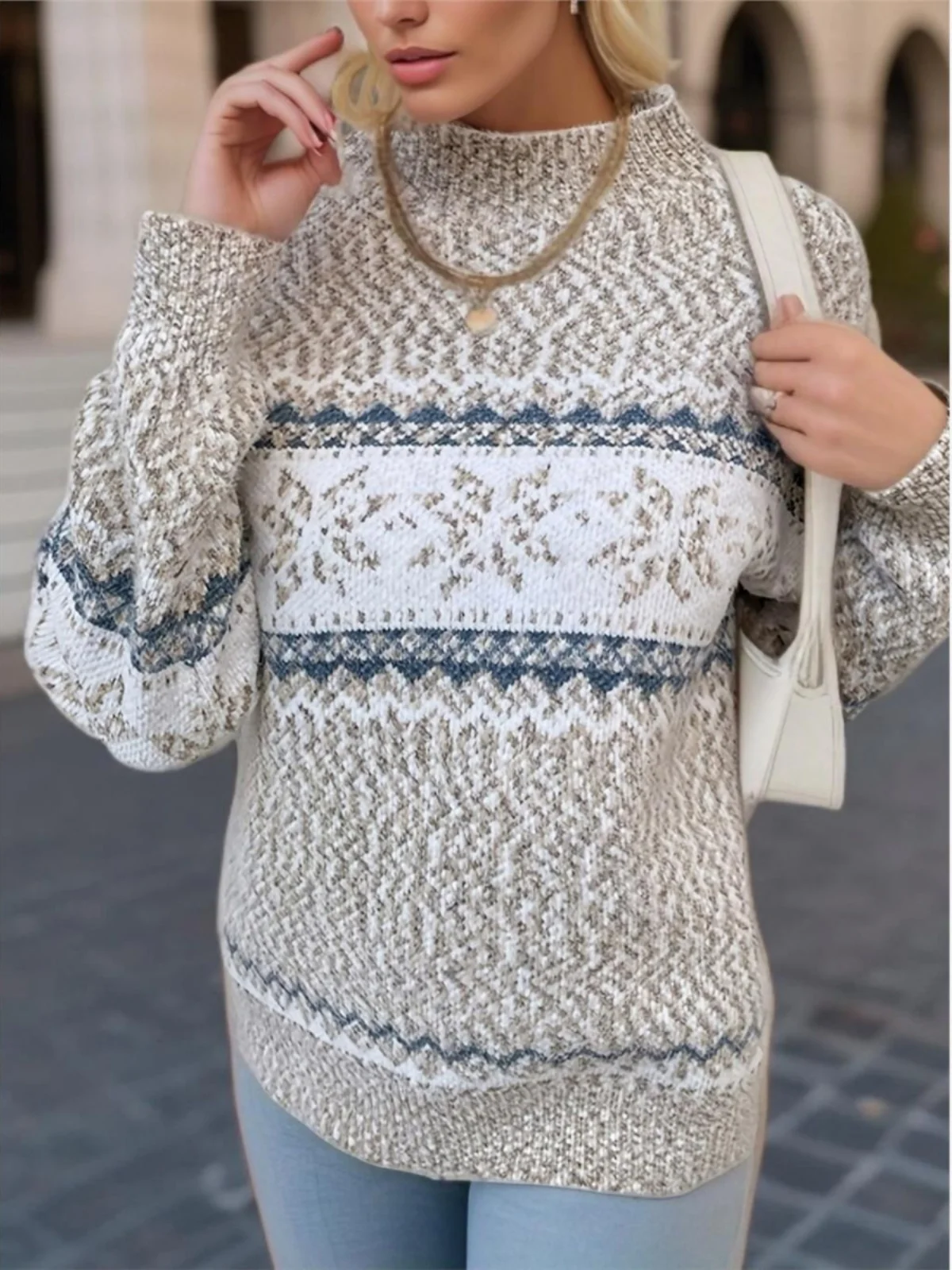 Cisas High Collar Snowflake Sweater Cisas Turtlene Sweater aanil Long Sve Sweet Sle Acrylic Blend Knitted Sweater