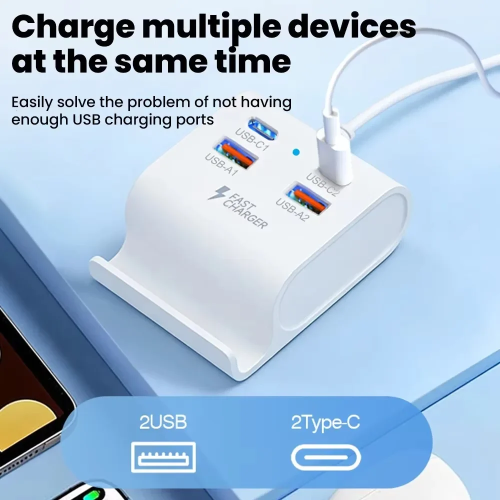 USB Charging Station 4 Port, 2 USB A 2 Type C Power Strip Desktop Dock HUB with Phone Stand for iPhone Samsung Tablet Laptop