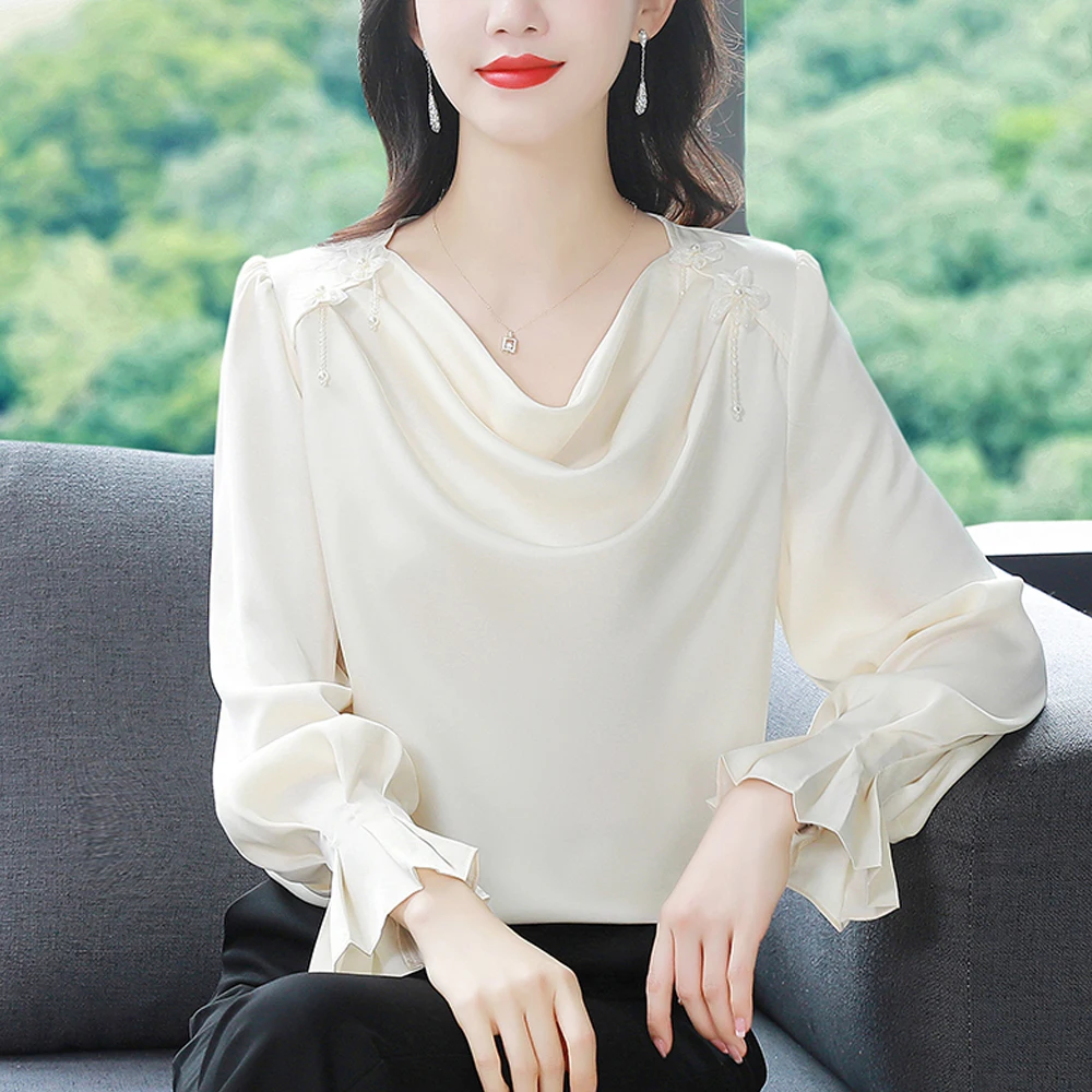 Chic Simple Women Satin Blouses Fashion Casual Ruffles Design Loose Long Sleeve Shirts With Flowers Vintage Basic Tops Women