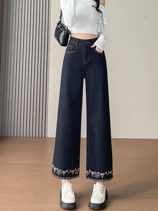 

High Waist Straight Leg Embroidered Denim Jeans Women's Autumn New Sle Bla Gold Blue National Sle Cover Hip Pants