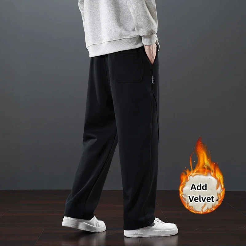 Winter Velvet Men Sweatpants Korean Fashion Sportswear Drawstring Wide Leg Neutral Straight Pants 65% Cotton Casual Trousers