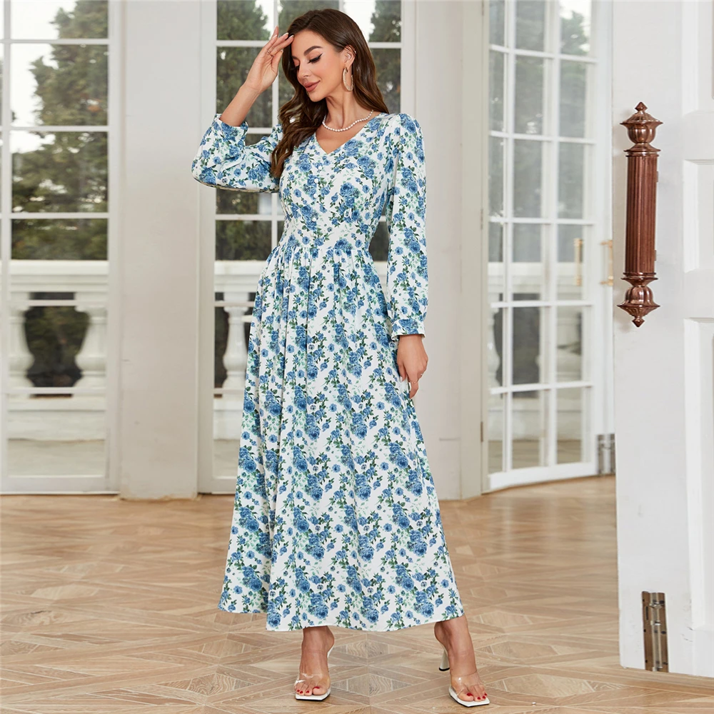 

Kaftan Bohemia Floral Print Maxi Dress for Women Casual Muslim Abaya Dubai Turkey Caftan Islamic Clothing Holiday Party Sundress