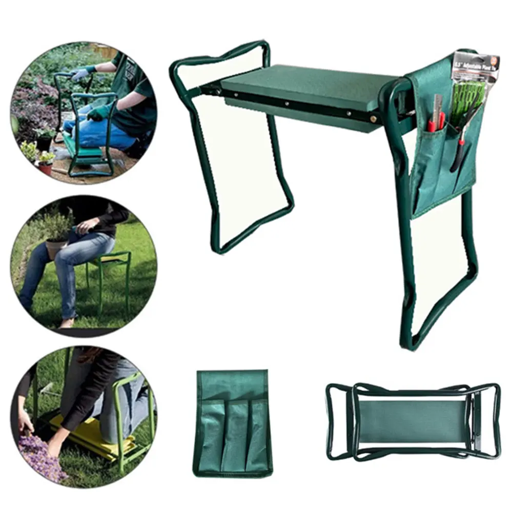 Folding Portable Iron Garden Kneeling Stool, Square Outdoor Kneeler with Detachable Tool Pouch, Compact for Camping Hiking Trave