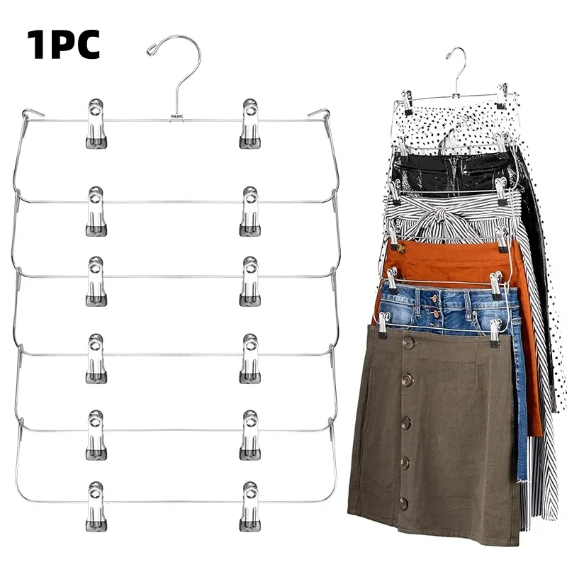 6 Layer Clothes Hangers Multilayer Skirt Trouser Hanger for Pants Non Slip Metal Hanger Clips Clothing Storage Rack Holder