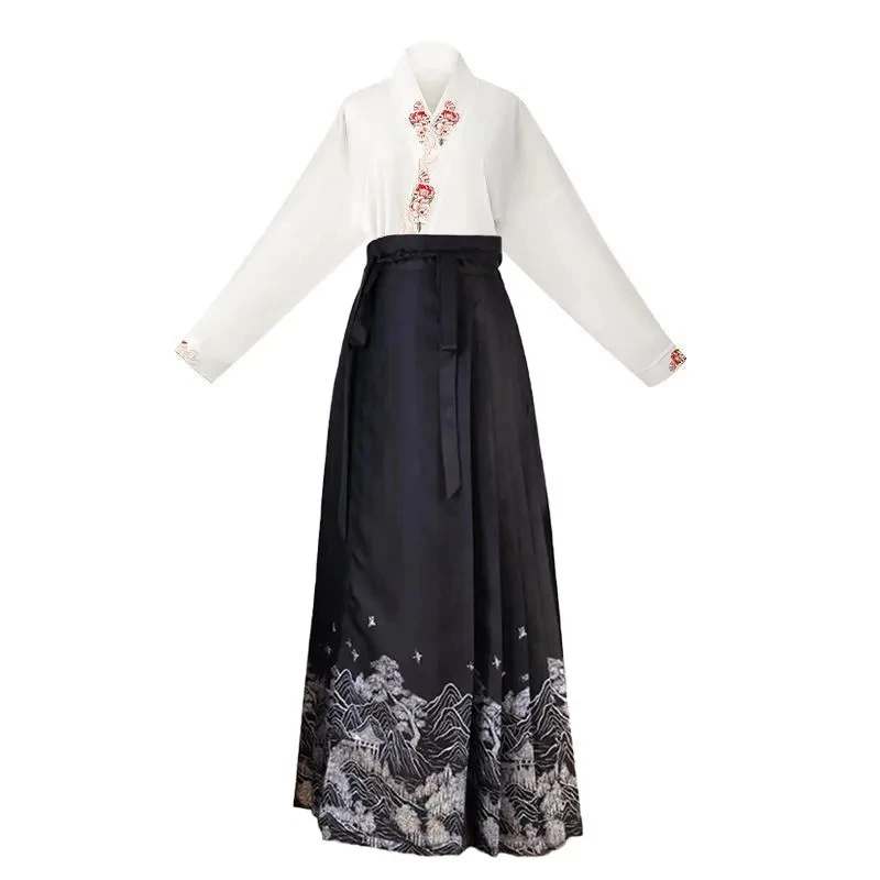New Chinese Horse Face Skirt Two-piece Women\'s 2024 New Hanfu Female Tops Fashion Loose Print Birthday Party Banquet Dance Dress