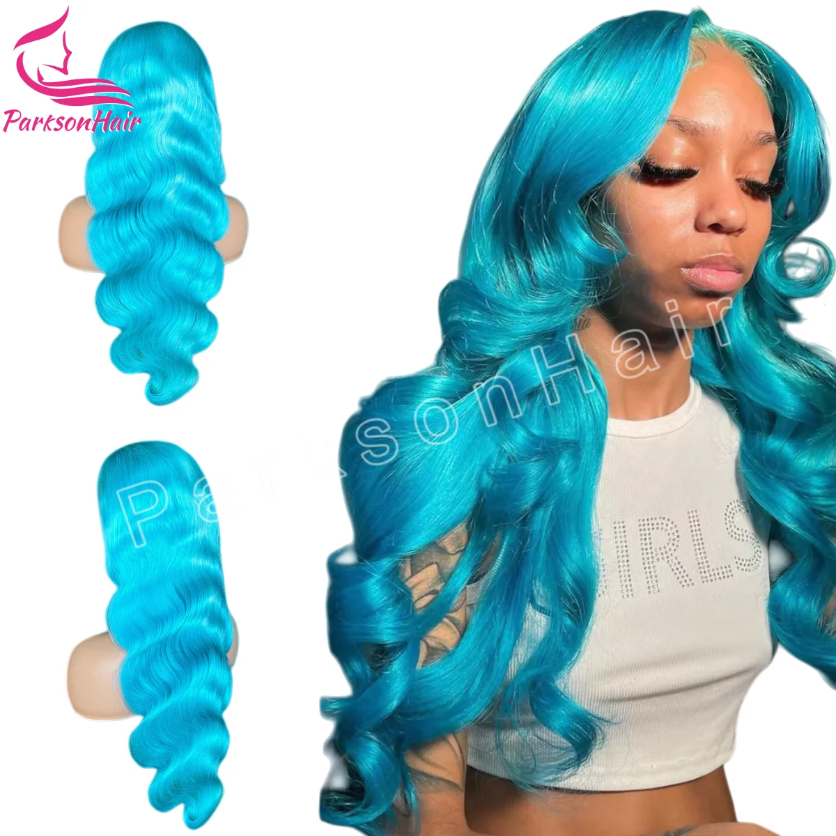 13x6 الجسم موجة خصلات الشعر المستعار الإنسان أزرق فاتح ملون الدانتيل الباروكة الأمامية قبل قطعها البرازيلي الأزرق شعر مستعار دانتيل شفاف للنساء #1
