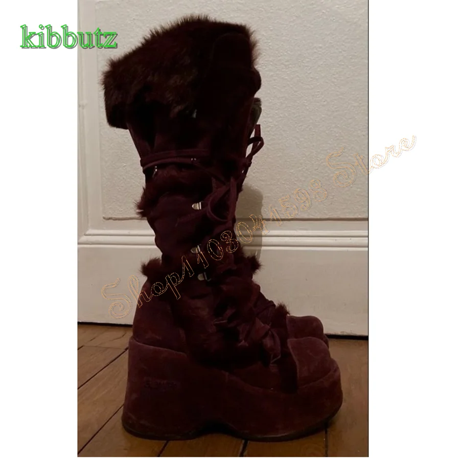 Retro Suede Furry Snow Boots,Platform Wedge Knee High Boots Round Toe Lace Up Women Boots Plus Size 2024 New Zapatos Para Mujere