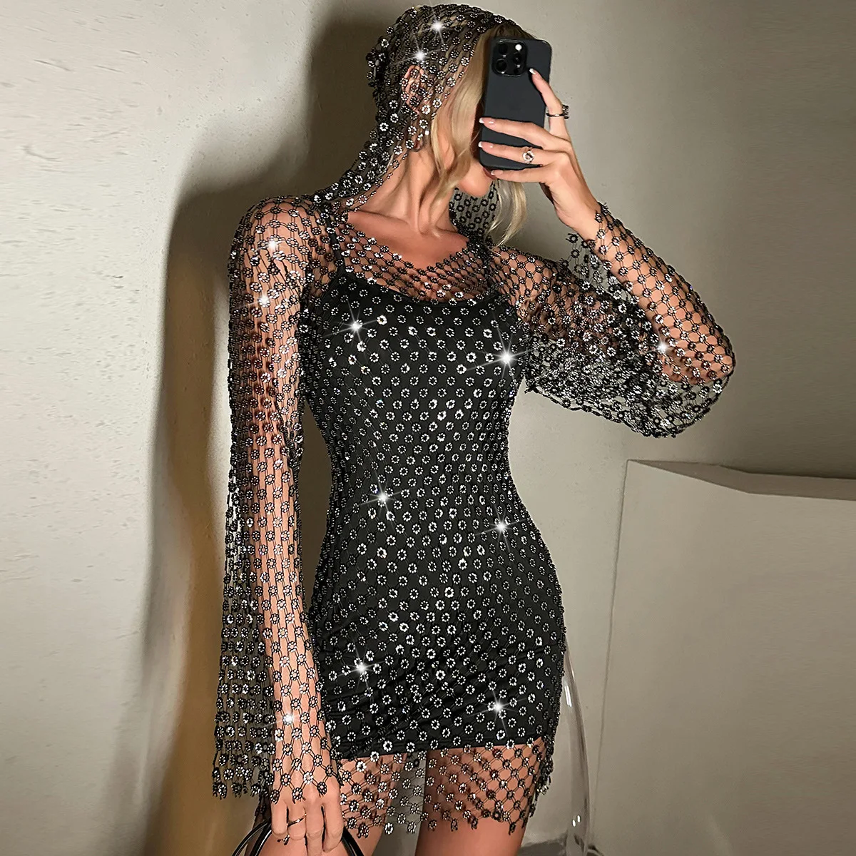 2024 Long Sleeve Fishnet Rhinestone Dress Sexy Cutout V-neck Hooded Long Sleeve Narrow Trendy Dresses