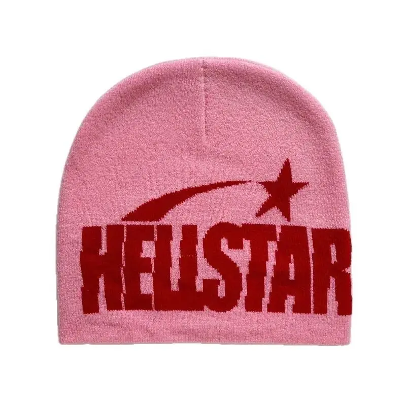 HELLSTAR Shooting Star Embroidery Knit Beanie Unisex Red Hat Couple Cold Cap Winter Dopamine Streetwear Men Women