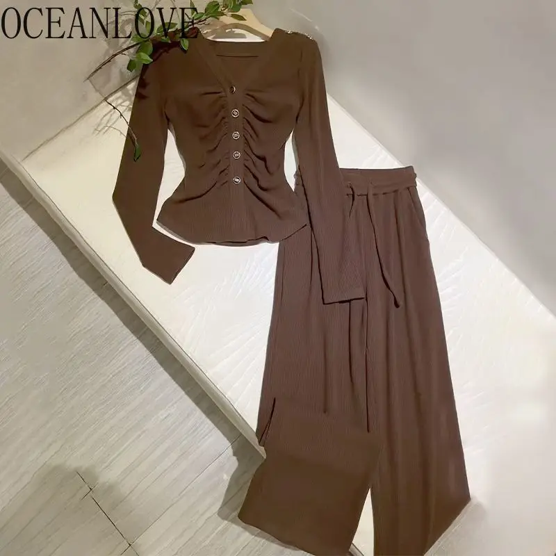 Oceanlove-conjunto de duas peças para mulheres, cor sólida, elegante, decote em v, moda coreana, primavera e verão