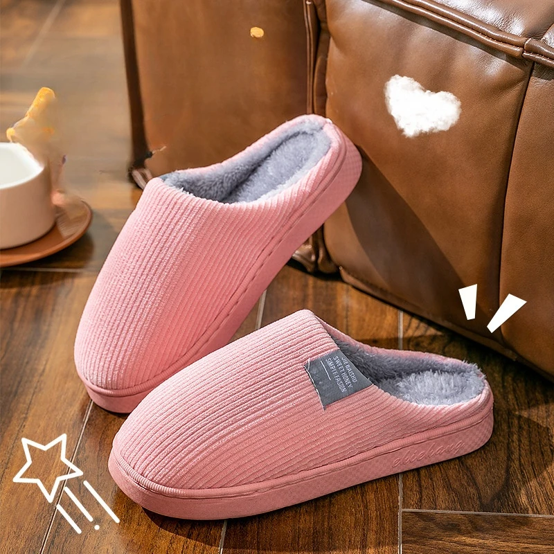 Winter Household Cotton Slippers Men Indoor Warm Plush Footwear Non-Slip Platform Slippers Couple Women