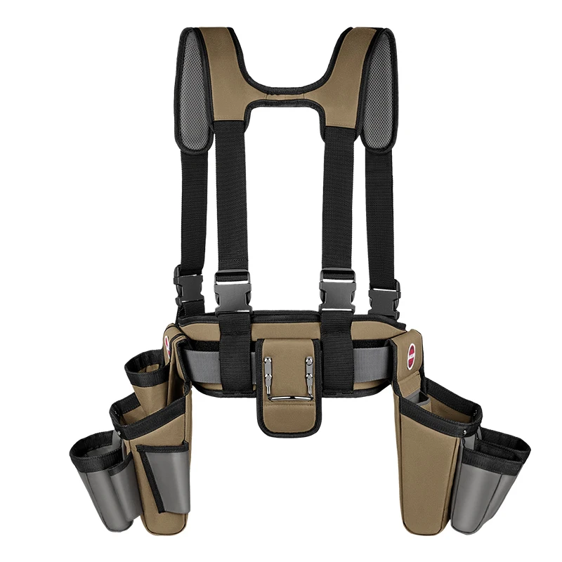 Jakah Carpenter's Rig, 32 to 66 Inches Adjustable Padded Tool Belt Suspenders, Cooling Mesh, Tool Belt, Steel Buckle, Grey/Tan