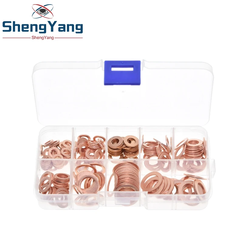 

200PCS TZT Copper Washer Gasket Nut And Bolt KIT Flat Ring Seal Assortment Kit With Box M4/M5/M6/M8/M10/M12/M14 For Sump Plugs