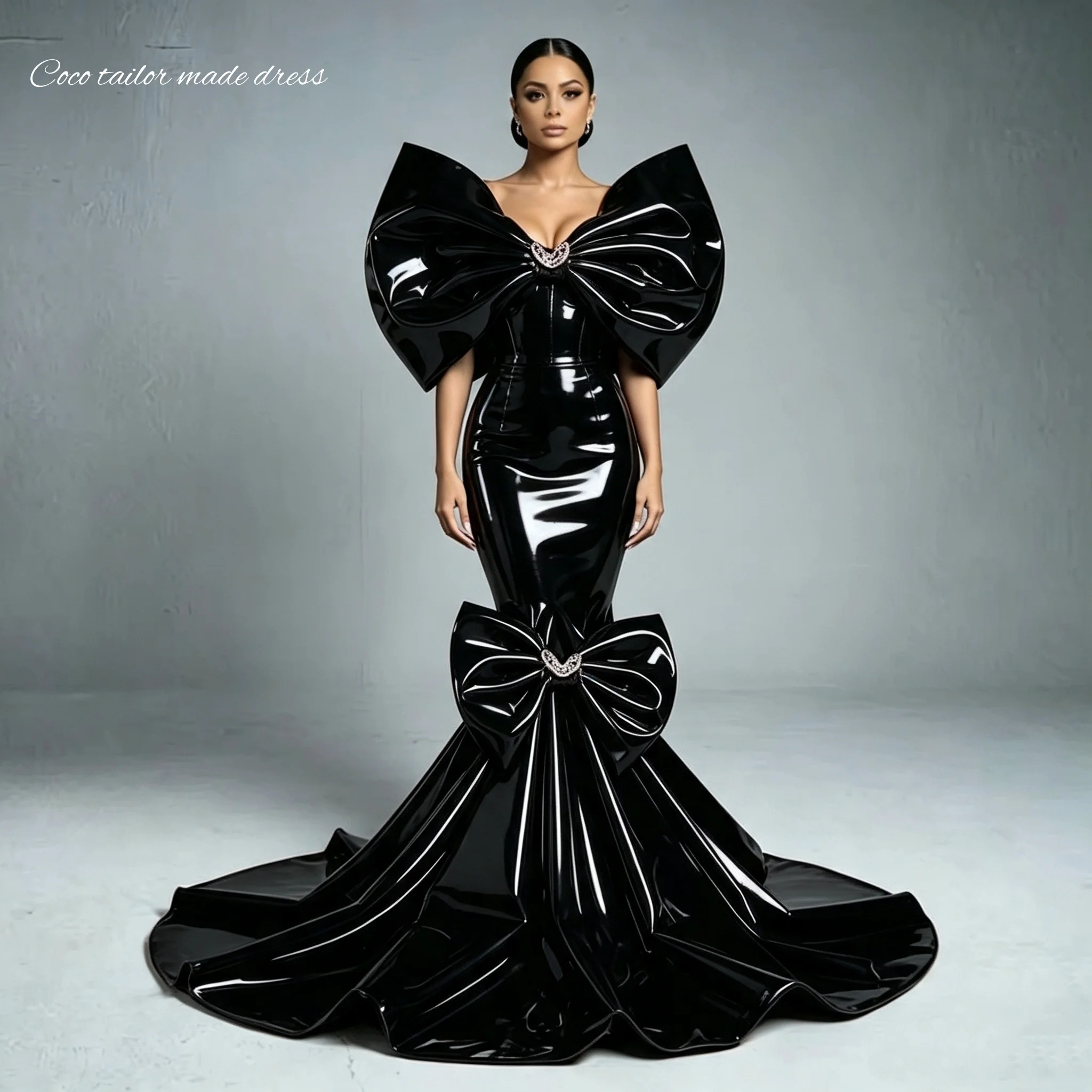 Glänzendes Schwarzes PVC-Meerjungfrauenkleid mit Großer Schleife, Schulterfrei, Langes Abendkleid für Besondere Anlässe, Rot-Gold, Cosplay, Maßanfertigung