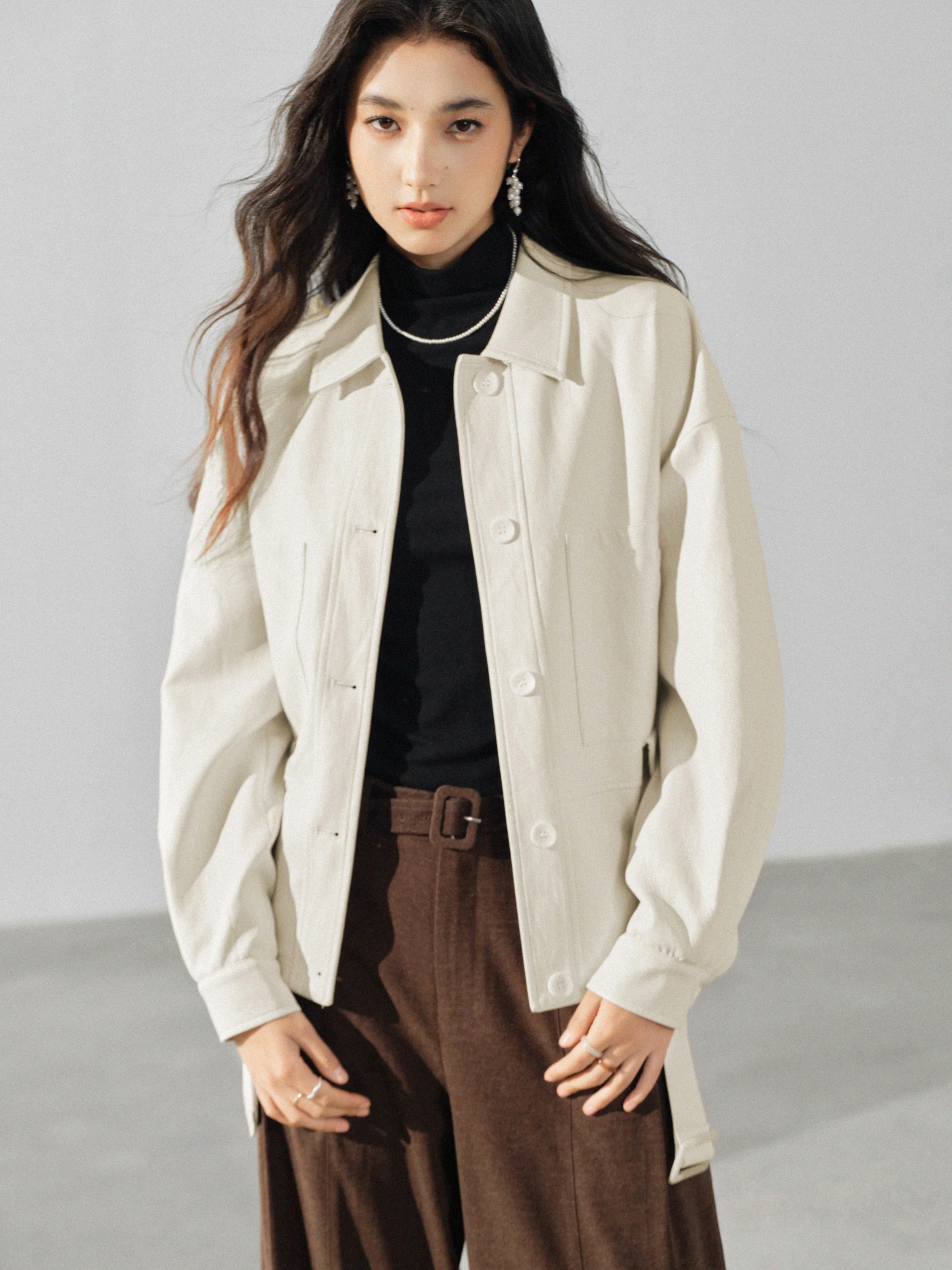 Leather Jacket Women Belted Waist Short Coat Vintage Lapel Outerwear for Autumn Office Chic Fashion Elegant Casual Retro Look