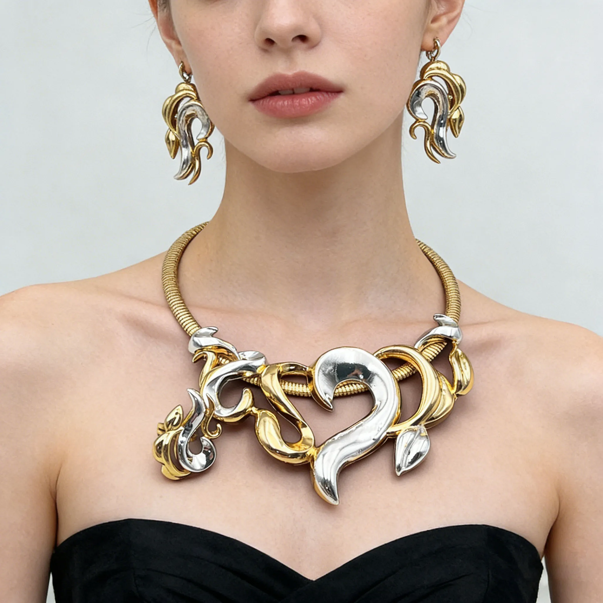 Luxury Jewelry Sets For Women Gold Color Earrings Choker Necklace Flame Bangle Ring For Wedding Set America Party Accessories