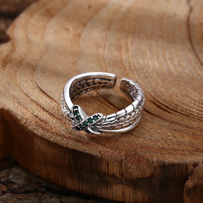 S925 Sterling Silver Cross Adjustable Ring Punk Style Old Process Green Zircon Solid Free Size Fine Jewelry FYRNG151