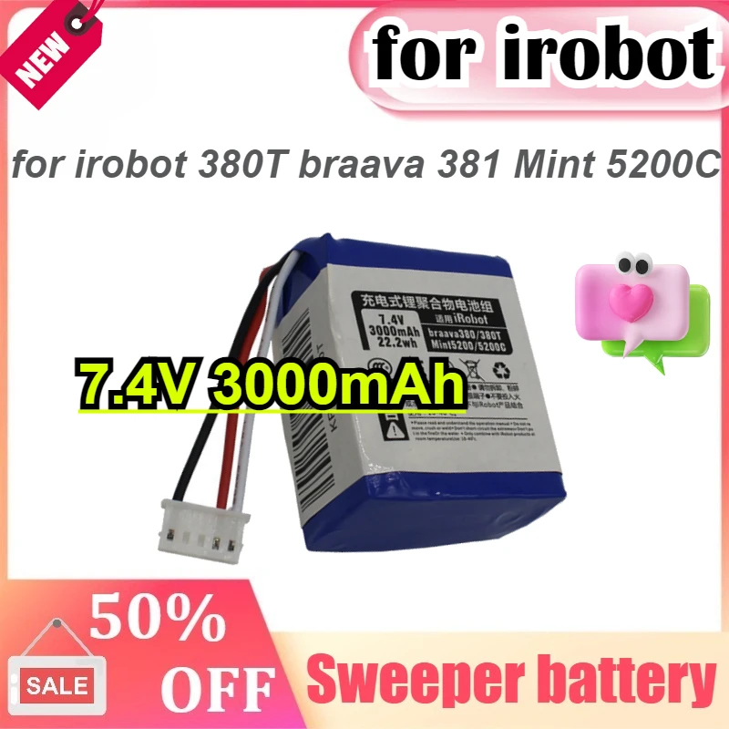 

7.4V 3000mAh Battery Rechargeable Battery for IRobot Braava 380T 380 381 Mint 5200 5200C Accessories Replacement Bateria